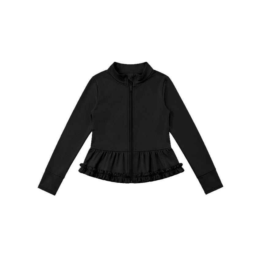 Preorder moq 5 Baby Girls Black Yoga Active Pocket Zip Ruffle Jackets Tops
