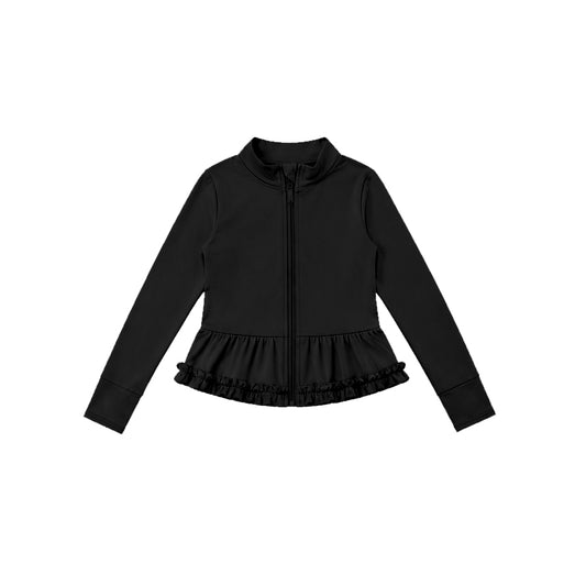 Preorder moq 5 Baby Girls Black Yoga Active Pocket Zip Ruffle Jackets Tops