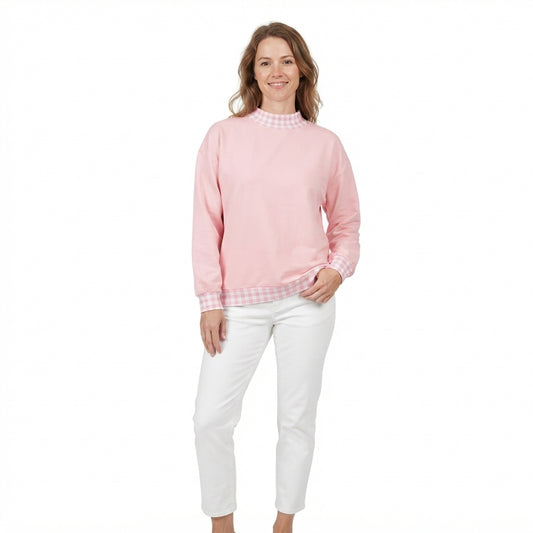 Adult Women Pink Long Sleeve Sweater Gingham Choker Tee Shirts Tops