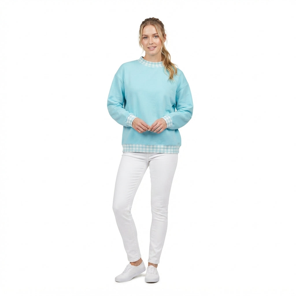 Adult Women Blue Long Sleeve Sweater Gingham T-shirts Top