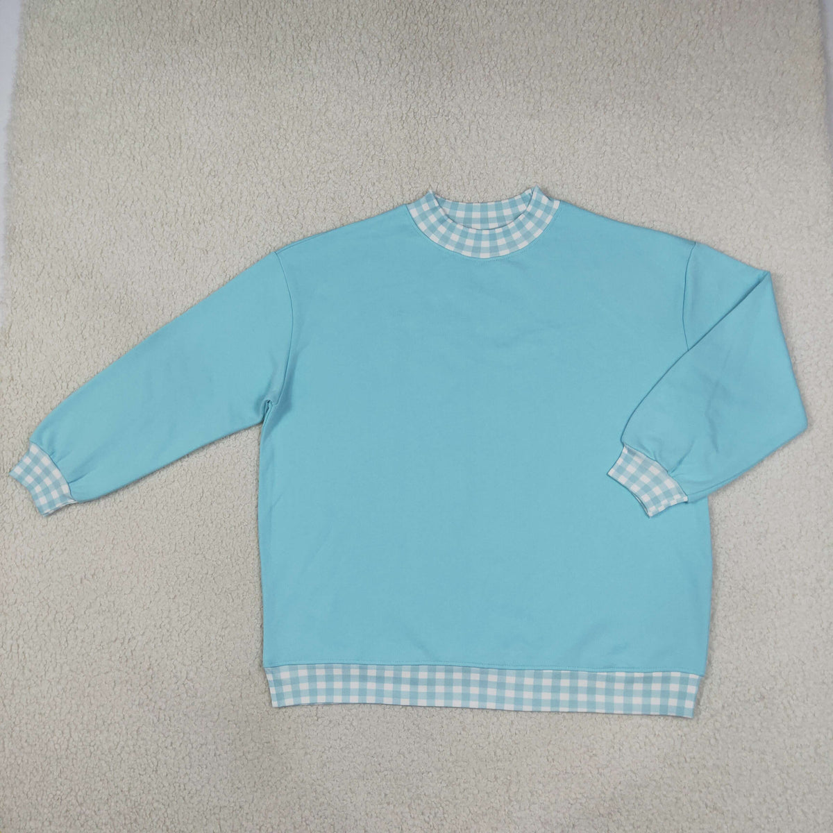 Adult Women Blue Long Sleeve Sweater Gingham T-shirts Top