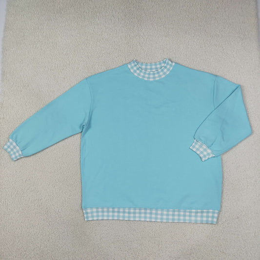 Adult Women Blue Long Sleeve Sweater Gingham T-shirts Top