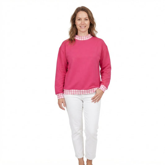 Adult Women Hot pink Long Sleeve Sweater Gingham Choker Tee Shirts Tops