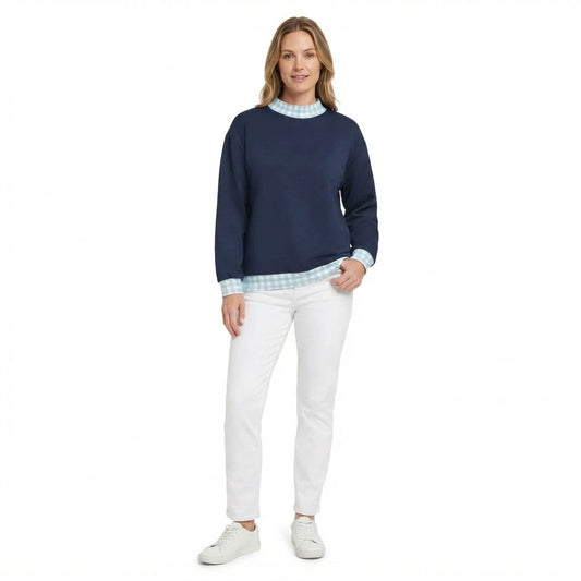 Adult Women Navy Long Sleeve Sweater Gingham Choker Tee Shirts Tops
