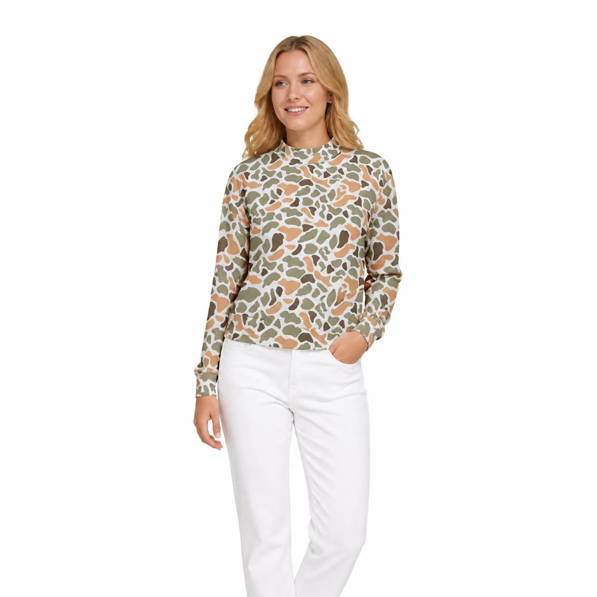 Adult Women Long Sleeve Green Yellow Camo Yoga Active Choker T-shirts Top