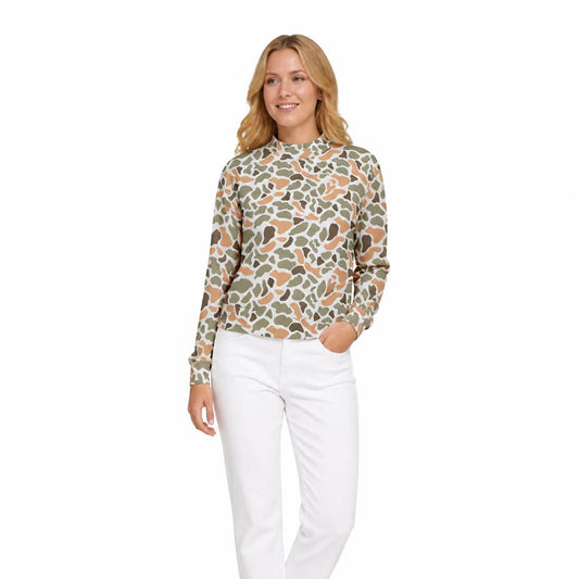Adult Women Long Sleeve Green Yellow Camo Yoga Active Choker T-shirts Top