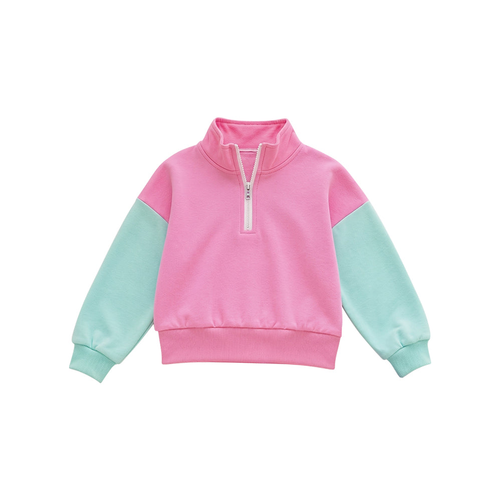 Preorder moq 5 Baby Girls Pink Blue Patchwork Zip Pullovers Top