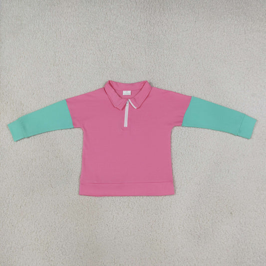 Baby Girls Long Sleeve Pink Aqua Patchwork Zip Pullovers Top
