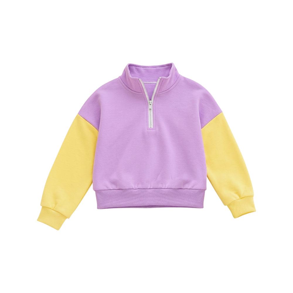 Preorder moq 5 Baby Girls Purple Yellow Patchwork Zip Pullovers Top