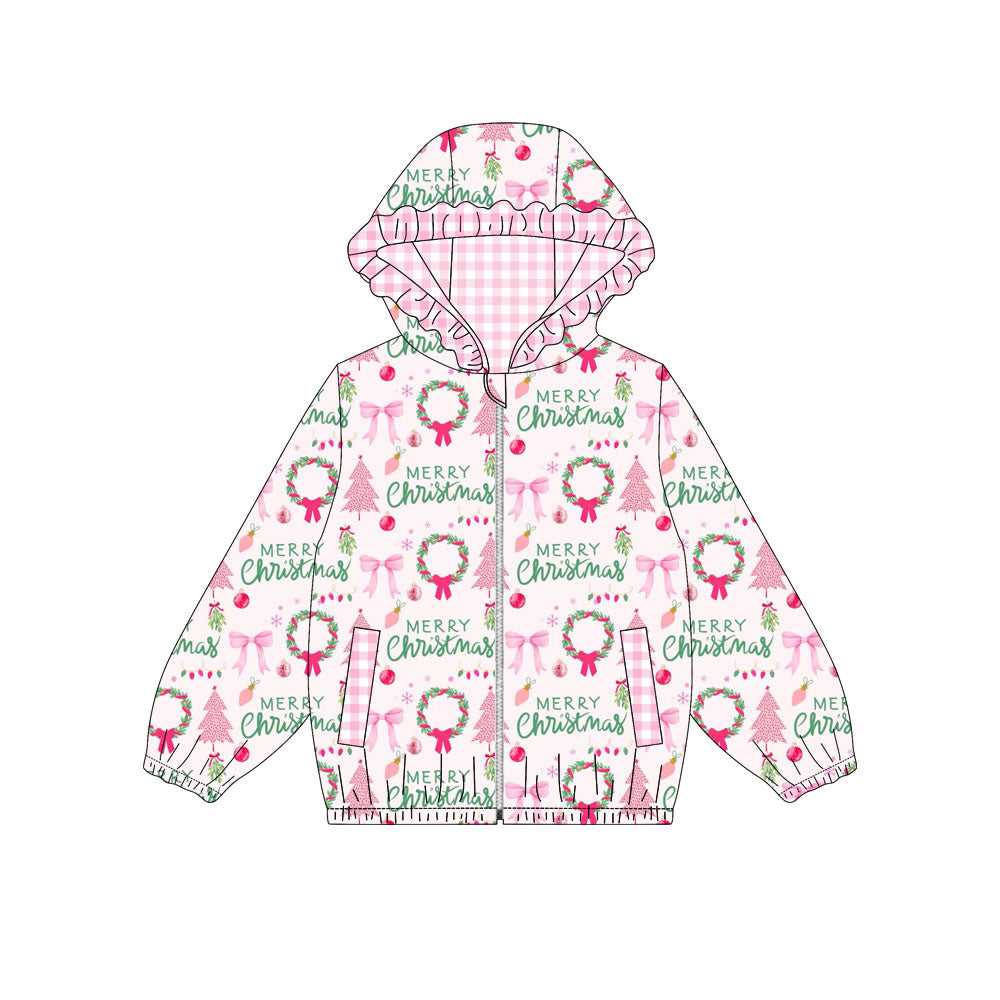 Preorder moq 5 Baby Girls Holly Trees Zip Pockets Christmas Ruffle Hoodie Jackets Top