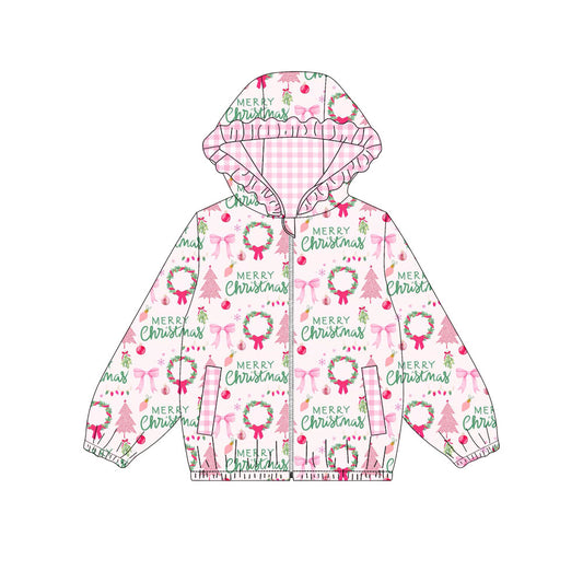 Preorder moq 5 Baby Girls Holly Trees Zip Pockets Christmas Ruffle Hoodie Jackets Top