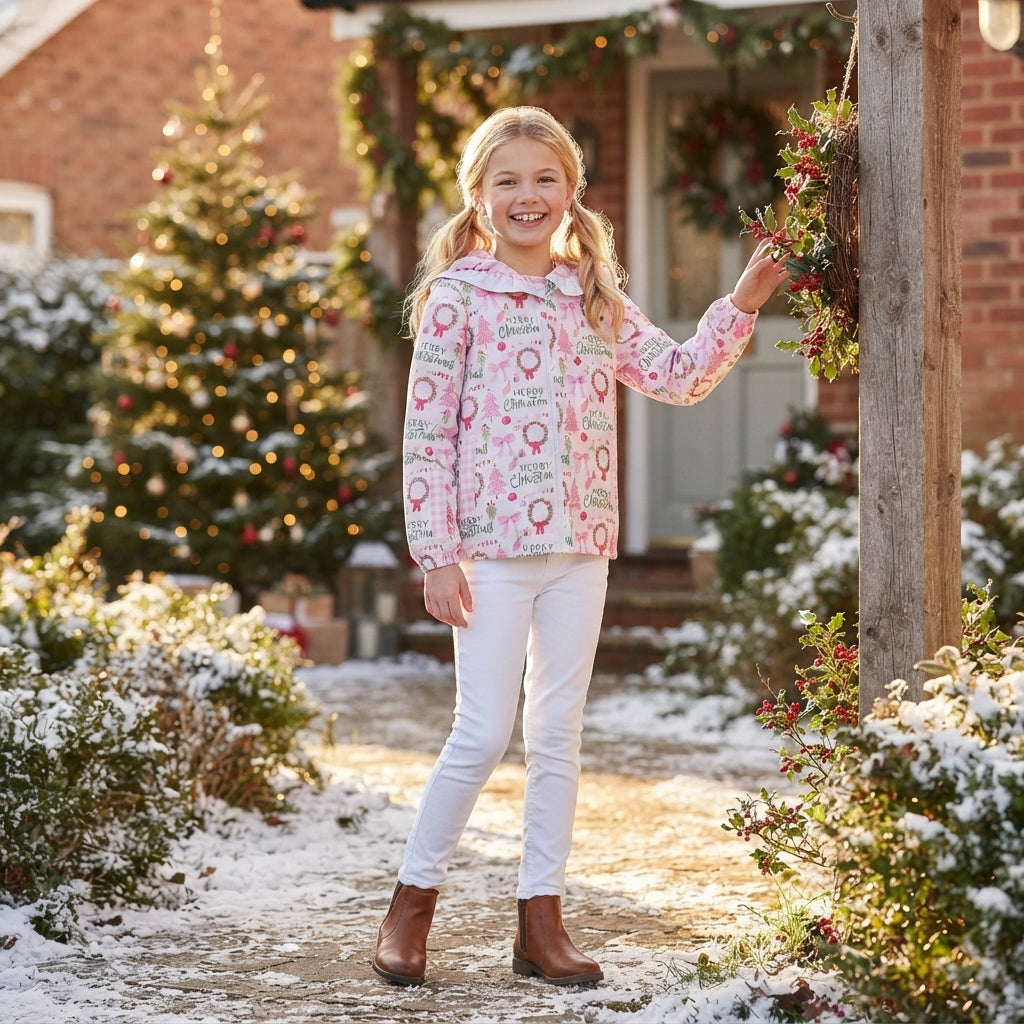 Baby Girls Holly Trees Zip Pockets Christmas Ruffle Hoodie Jackets Top