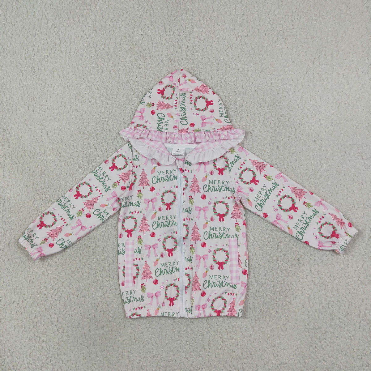 Baby Girls Holly Trees Zip Pockets Christmas Ruffle Hoodie Jackets Top