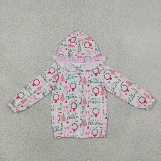 Baby Girls Holly Trees Zip Pockets Christmas Ruffle Hoodie Jackets Top