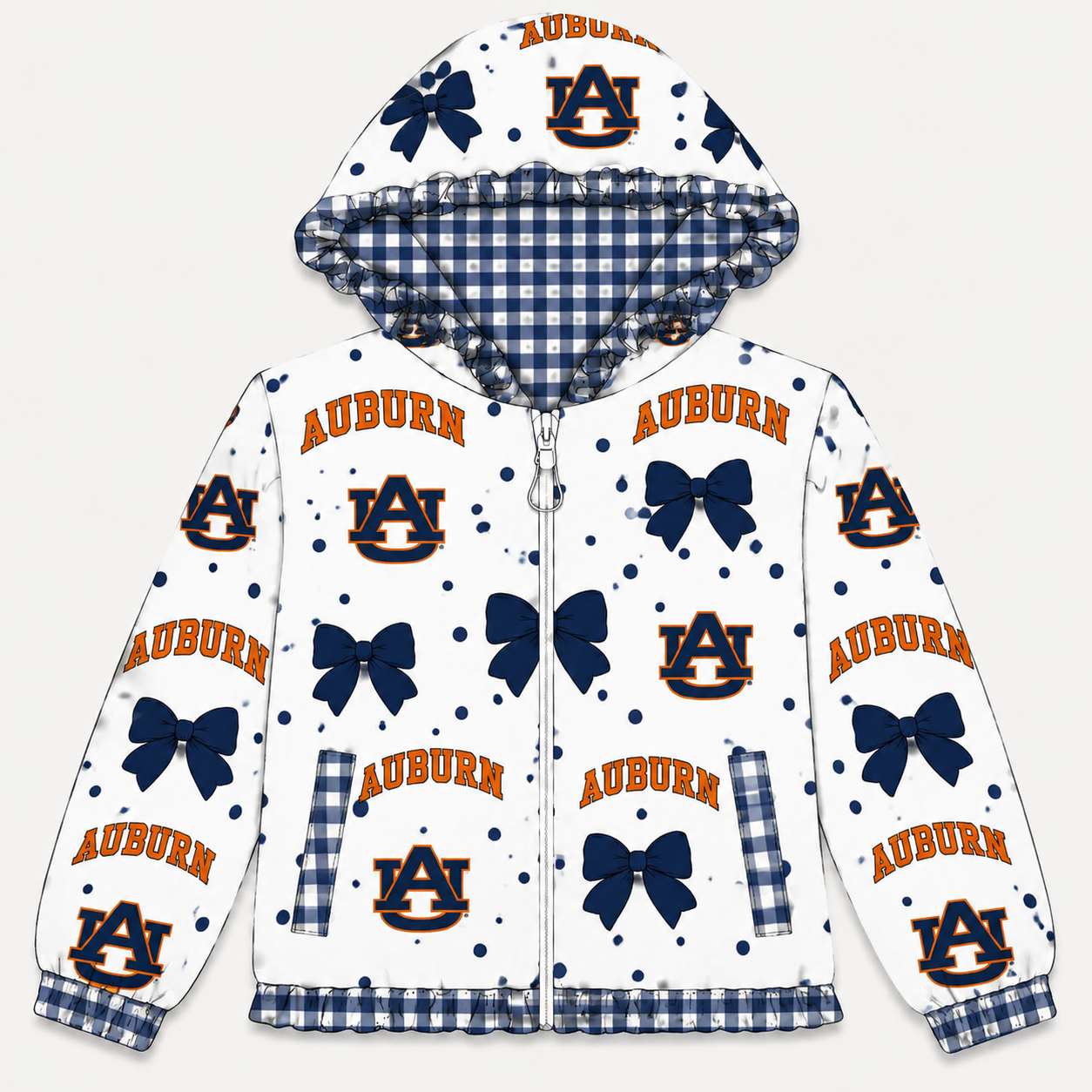 Preorder moq 5 Baby Girls Bows AUBURN Zip Pockets Team Ruffle Hoodie Jackets Top
