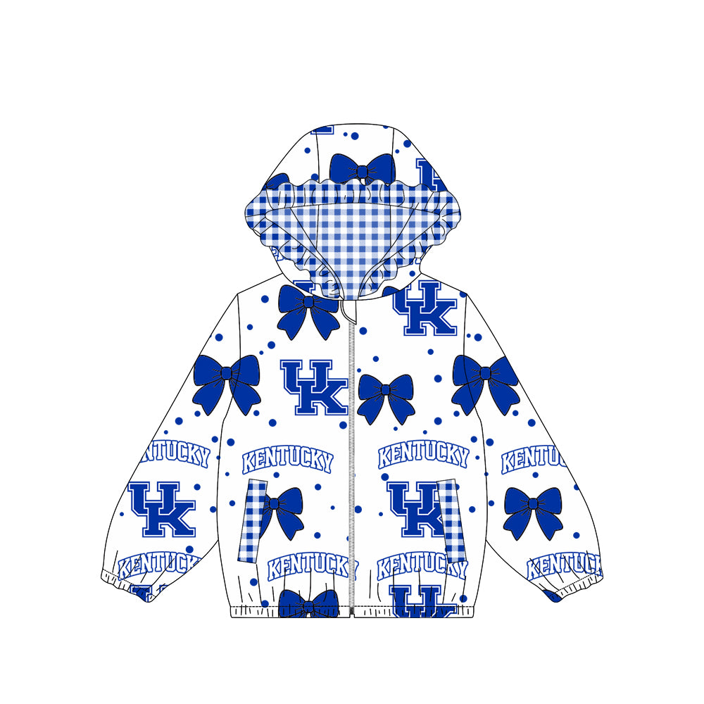 Preorder moq 5 Baby Girls Bows Kentucky Zip Pockets Team Ruffle Hoodie Jackets Top