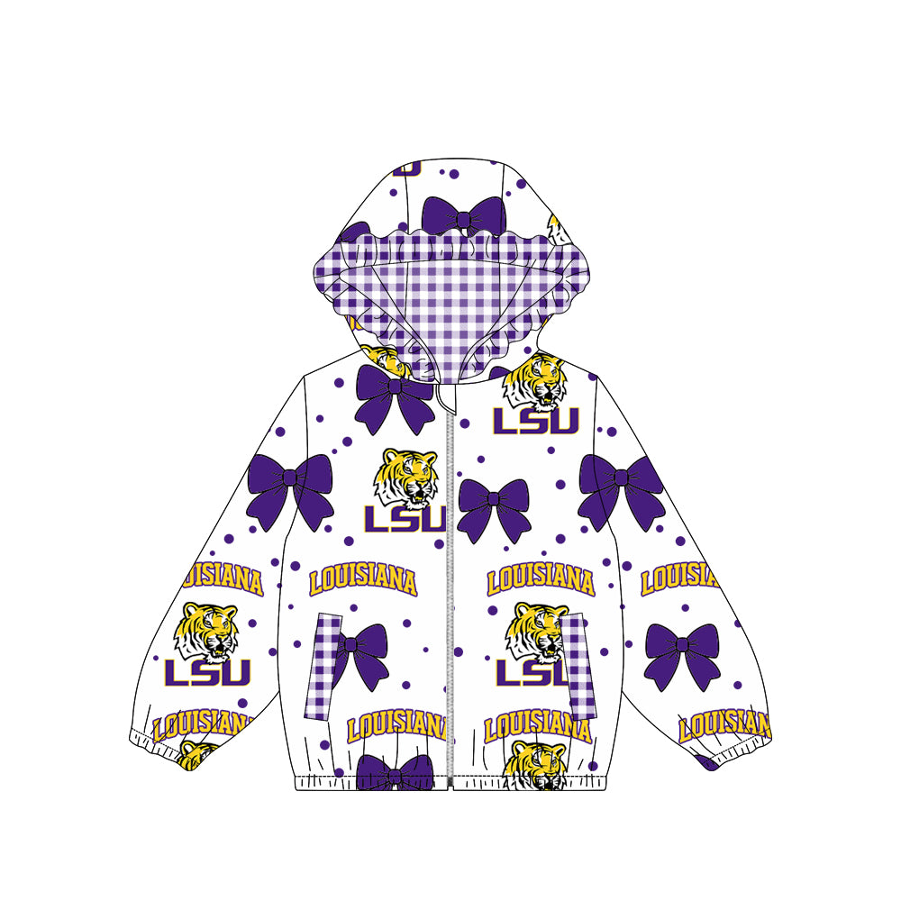 Preorder moq 5 Baby Girls Bows Louisiana Zip Pockets Team Ruffle Hoodie Jackets Top