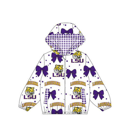 Preorder moq 5 Baby Girls Bows Louisiana Zip Pockets Team Ruffle Hoodie Jackets Top