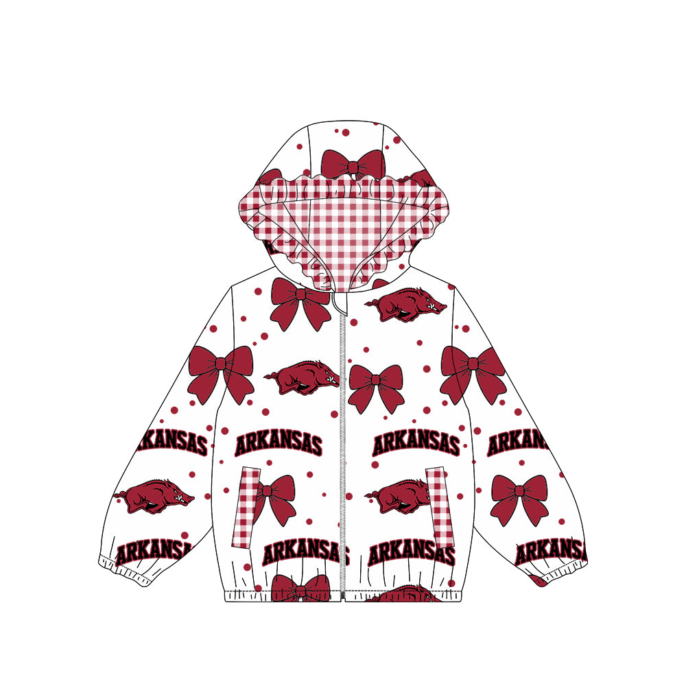 Preorder moq 5 Baby Girls Bows Arkansas Zip Pockets Team Ruffle Hoodie Jackets Top