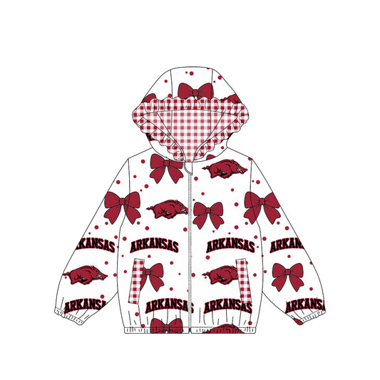 Preorder moq 5 Baby Girls Bows Arkansas Zip Pockets Team Ruffle Hoodie Jackets Top