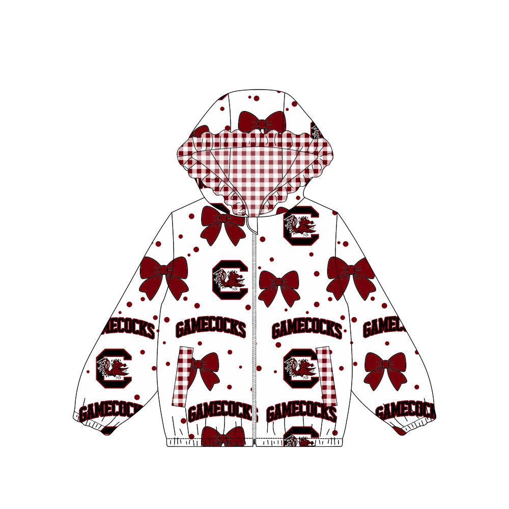 Preorder moq 5 Baby Girls Bows Gamecocks Zip Pockets Team Ruffle Hoodie Jackets Top