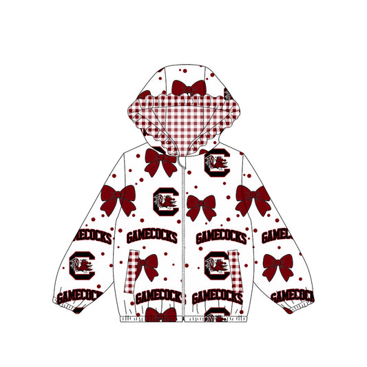 Preorder moq 5 Baby Girls Bows Gamecocks Zip Pockets Team Ruffle Hoodie Jackets Top