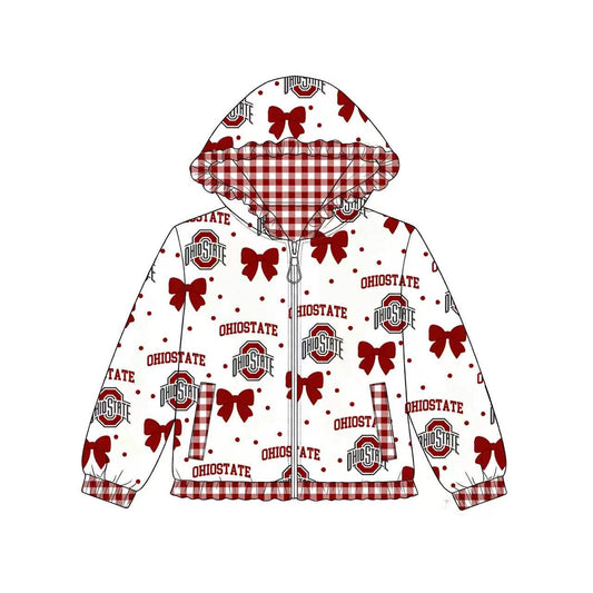 Preorder moq 5 Baby Girls Bows Ohio State Pockets Zip Team Ruffle HoodieJackets Top