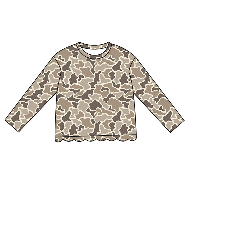 Preorder moq 5 Baby Girls Long Sleeve Khaki Camo Scallop T-shirts Top