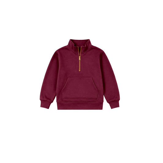 Preorder moq 5 Baby Girls Maroon Long Sleeve Zip Pocket Sweatshirt Pullovers Top