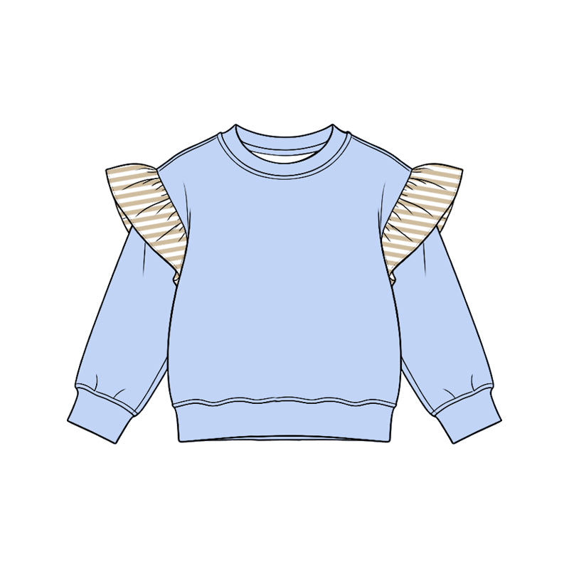 Preorder moq 5 Baby Girls Blue Stripe Long Flutter Sleeve T-shirts Top