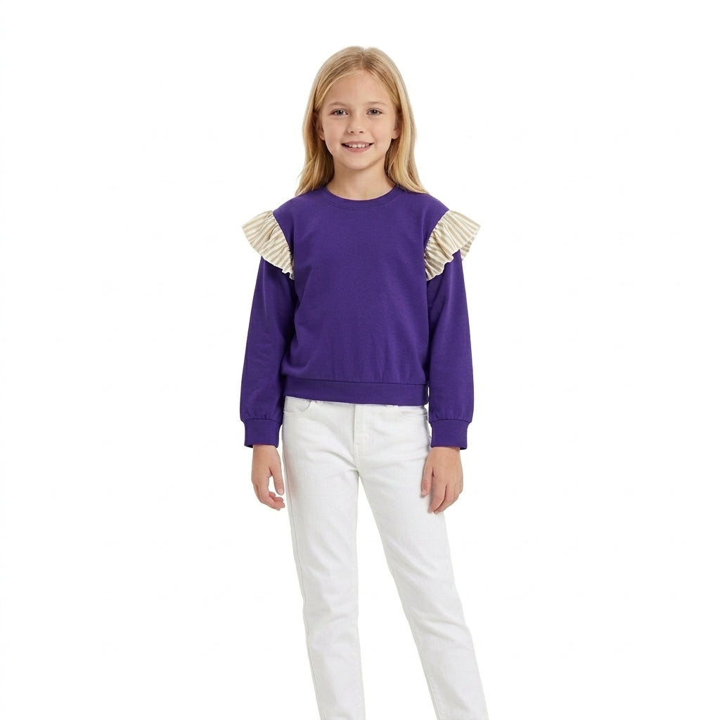 Baby Girls Purple Khaki Stripe Long Flutter Sleeve T-shirts Top