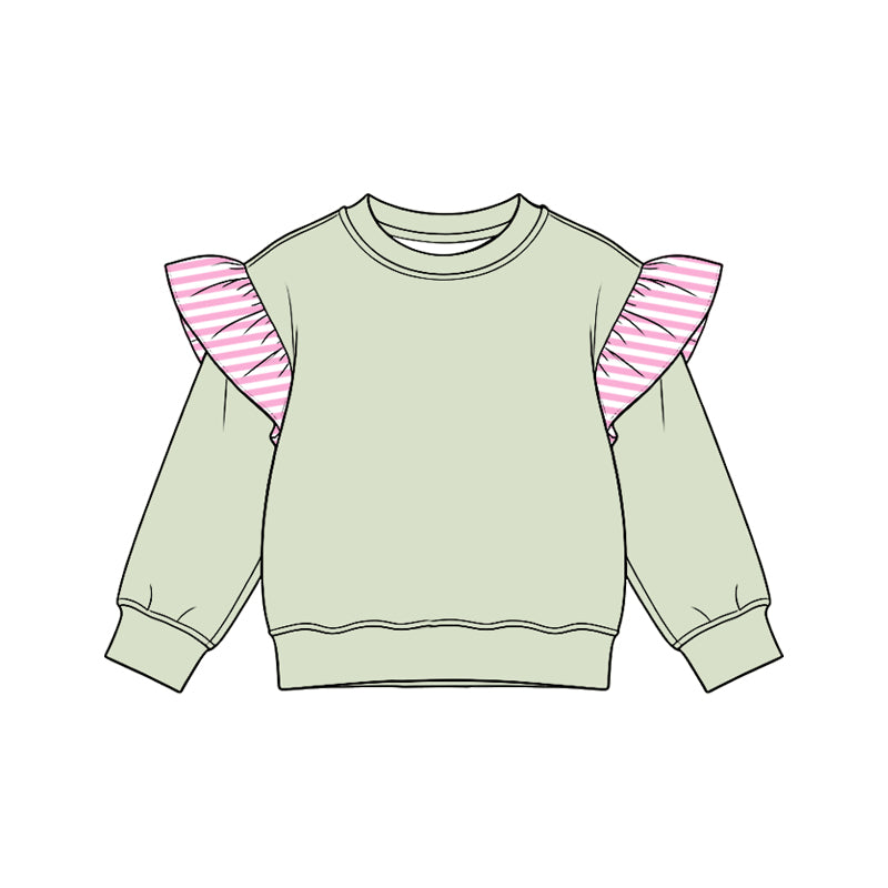 Preorder moq 5 Baby Girls Light Green Stripe Long Flutter Sleeve T-shirts Top