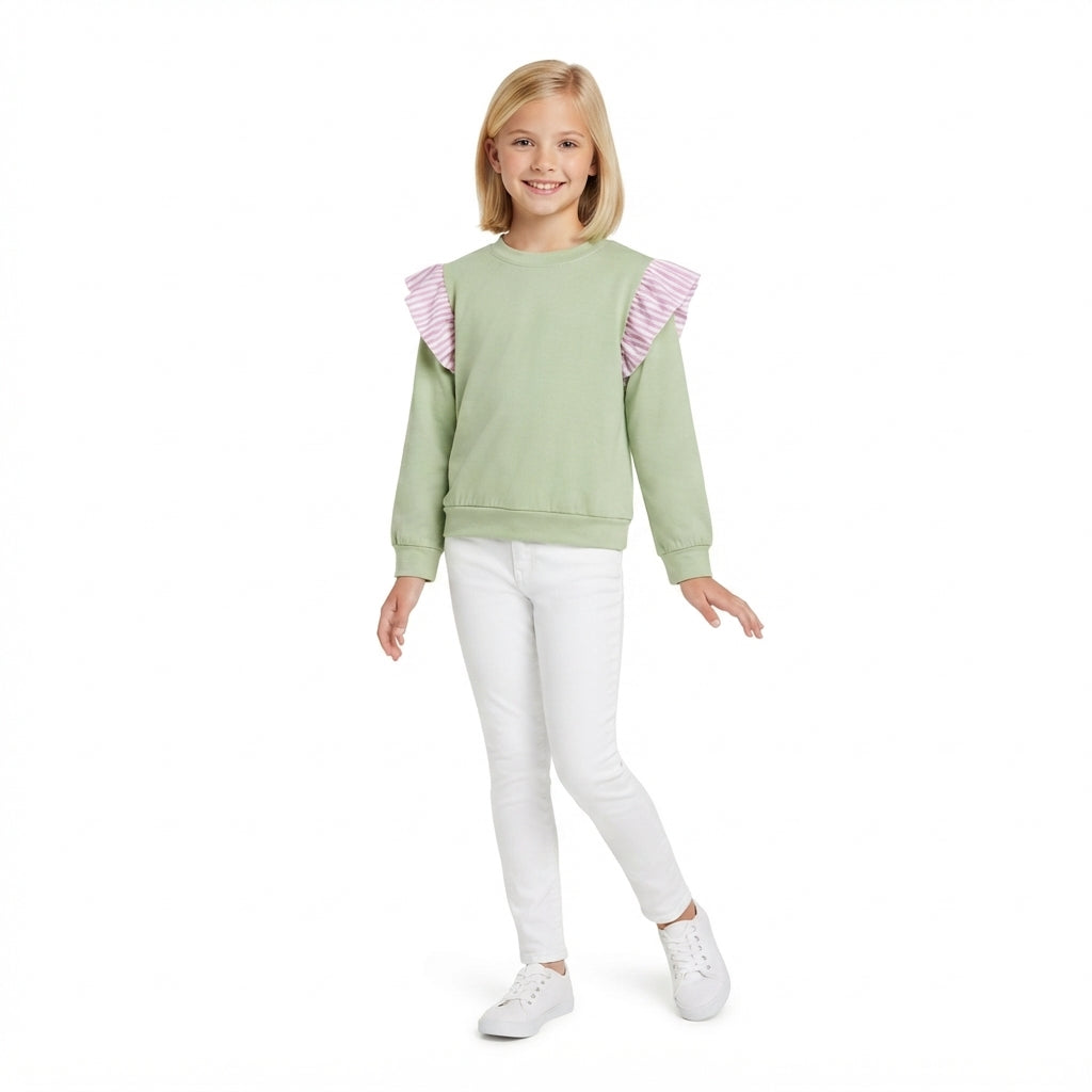 Baby Girls Light Green Stripe Long Flutter Sleeve T-shirts Top