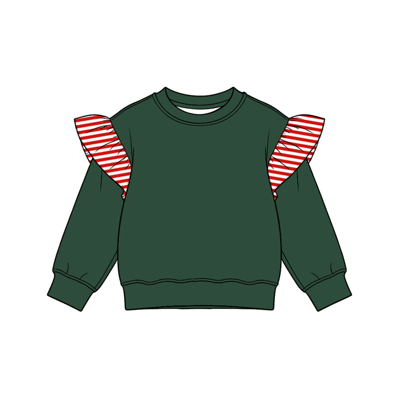 Preorder moq 5 Baby Girls Green Red Stripe Long Flutter Sleeve T-shirts Top