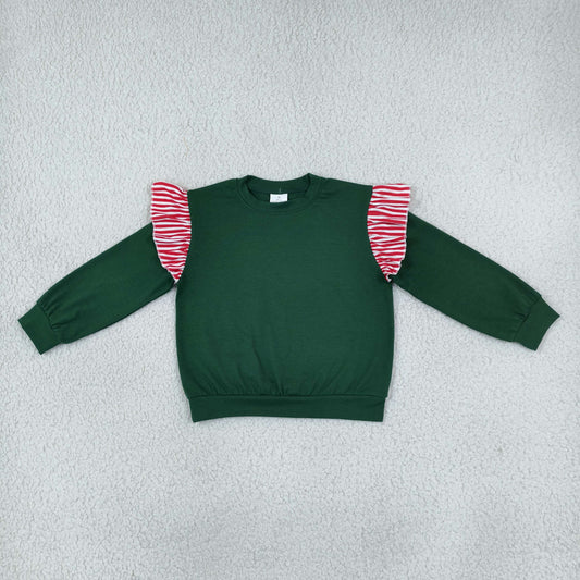 Baby Girls Green Red Stripe Long Flutter Sleeve Fall T-shirts Top