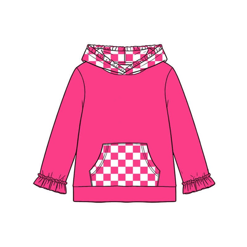 Preorder moq 5 Baby Girls Hot Pink Checked Pocket Ruffle Hoodies Top