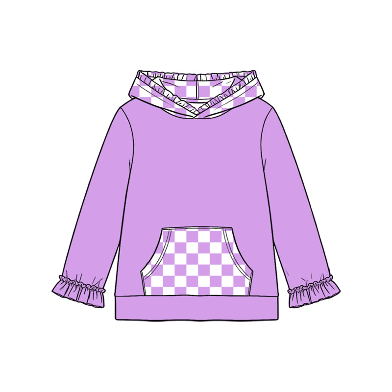Preorder moq 5 Baby Girls Lavender Checked Pocket Ruffle Hoodies Top