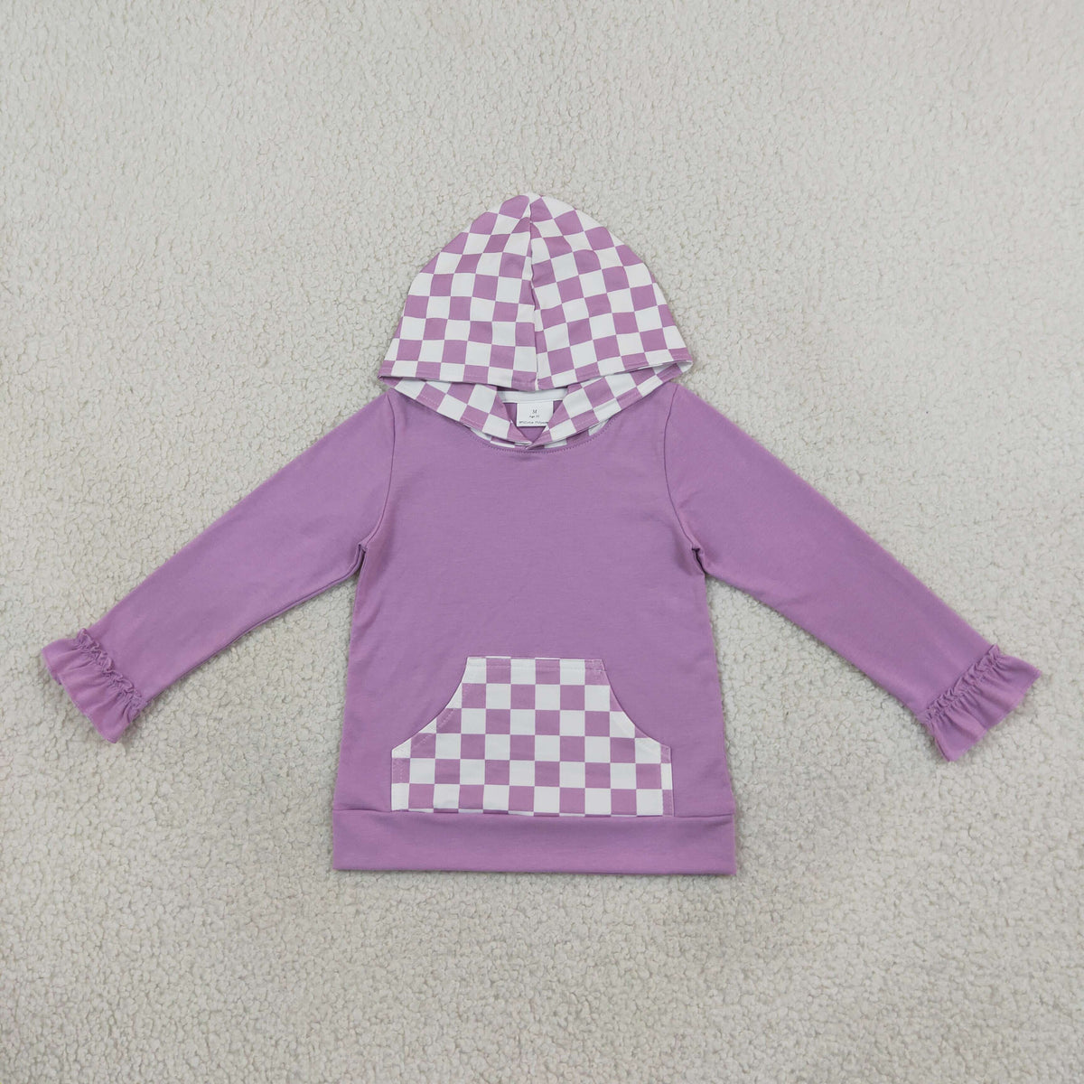 Baby Girls Long Ruffle Sleeve Lavender Checked Pocket Hoodies Top