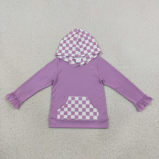 Baby Girls Long Ruffle Sleeve Lavender Checked Pocket Hoodies Top