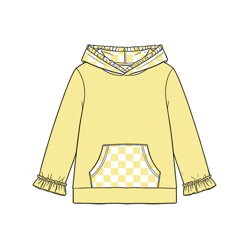Preorder moq 5 Baby Girls Yellow Checked Pocket Ruffle Hoodies Top
