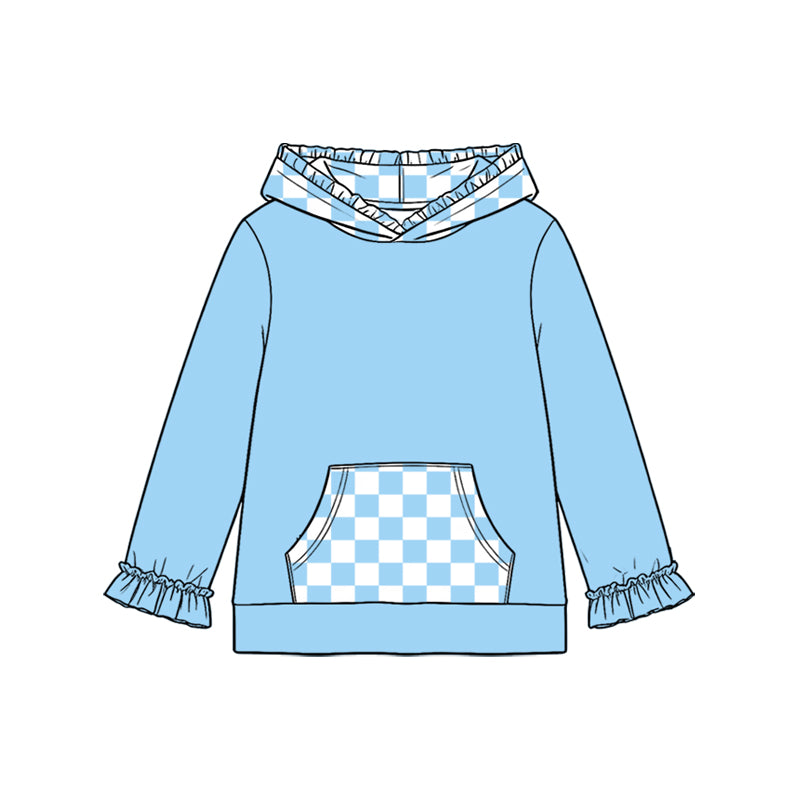 Preorder moq 5 Baby Girls Blue Checked Pocket Ruffle Hoodies Top