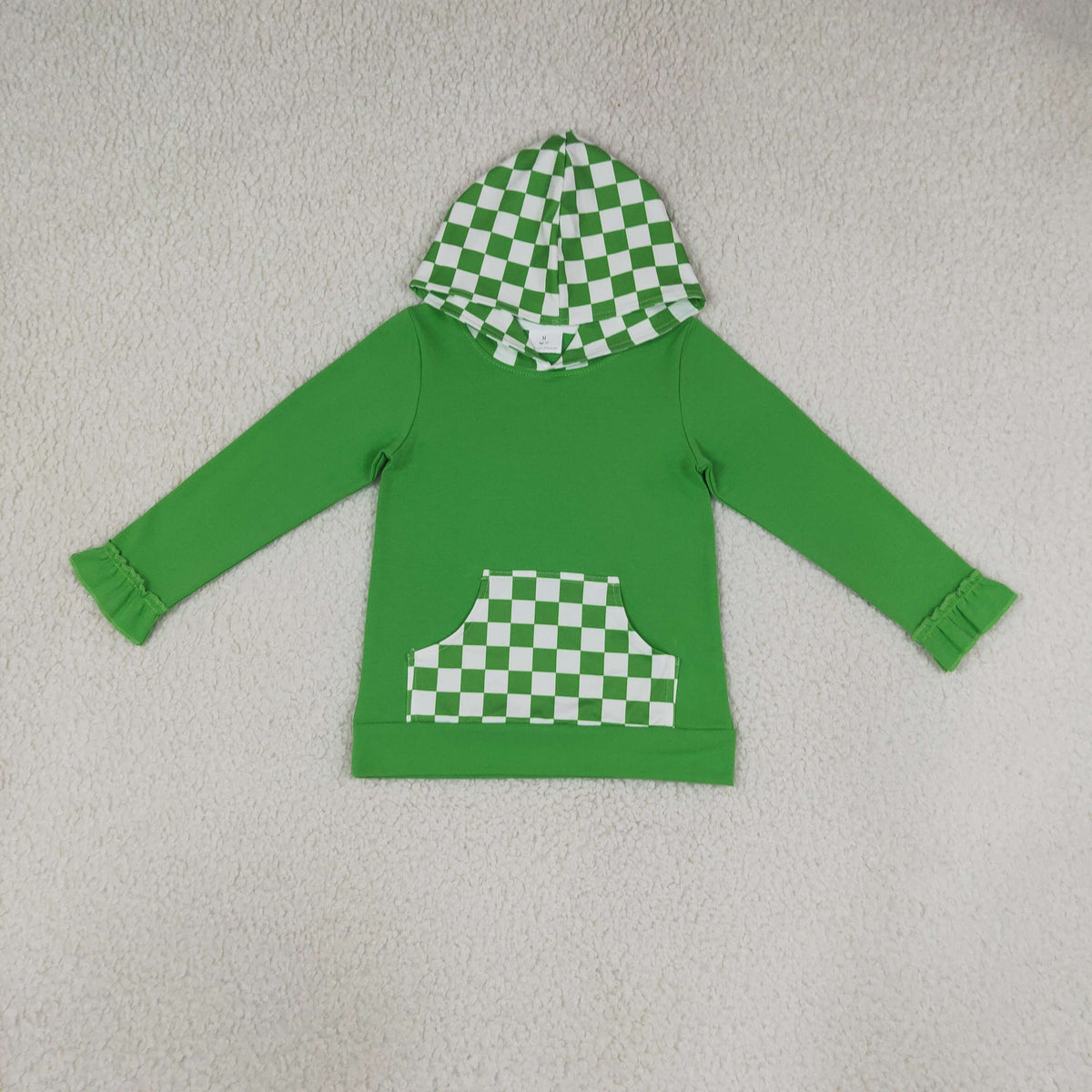 Baby Girls Long Ruffle Sleeve Green Checked Pocket Hoodies Top