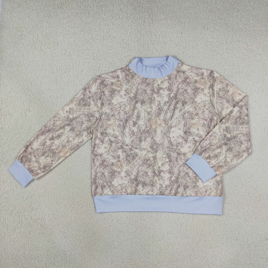 Adult Women Long Sleeve Light Blue Khaki Camo Yoga Active Choker T-shirts Top