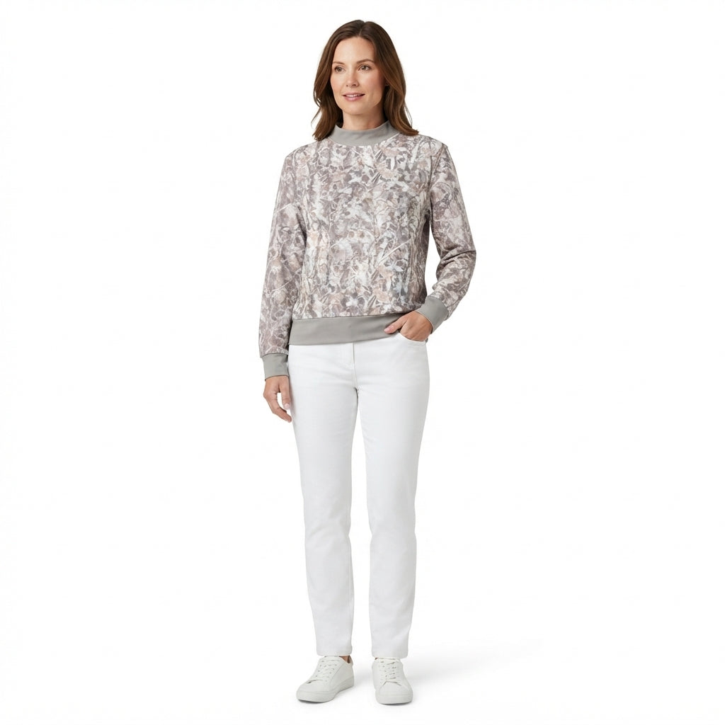Adult Women Long Sleeve Grey Leaves Camo Yoga Active Choker T-shirts Top
