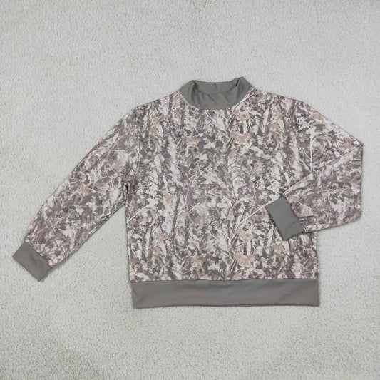 Adult Women Long Sleeve Grey Leaves Camo Yoga Active Choker T-shirts Top