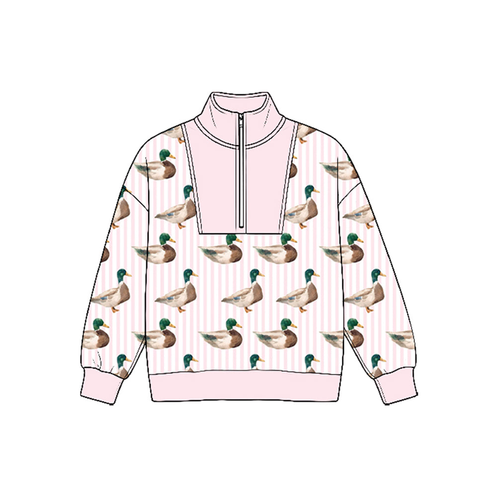 Preorder moq 5 Baby Girls Long Sleeve Pink Stripe Ducks Hunting Zip Pullovers Top