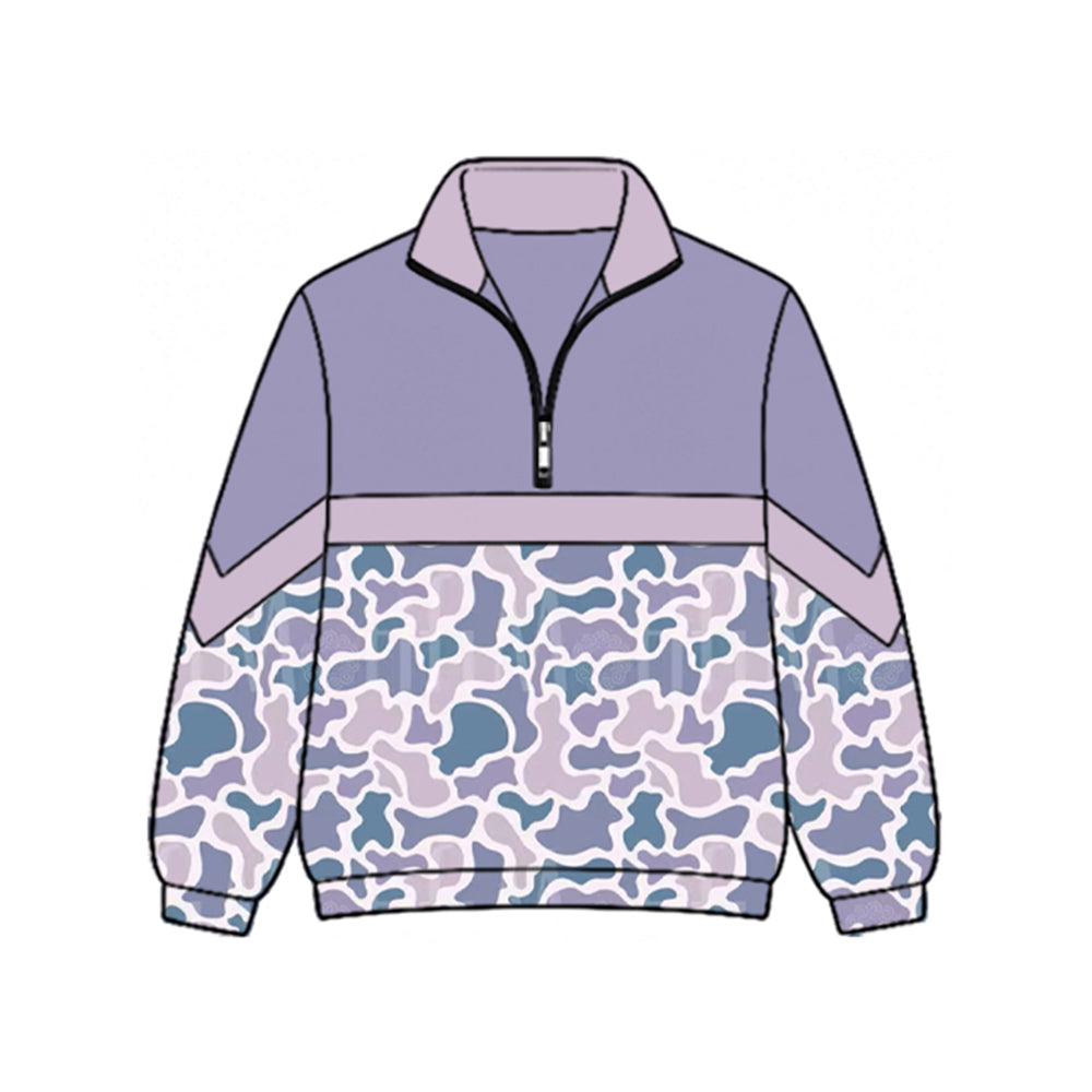 Preorder moq 5 Baby Girls Long Sleeve Purple Camo Zip Pullovers Top