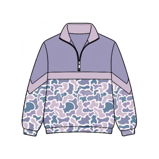 Preorder moq 5 Baby Girls Long Sleeve Purple Camo Zip Pullovers Top