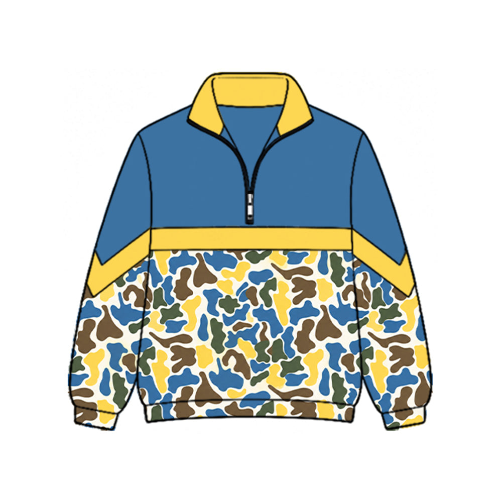 Preorder moq 5 Baby Girls Long Sleeve Blue Yellow Camo Zip Pullovers Top