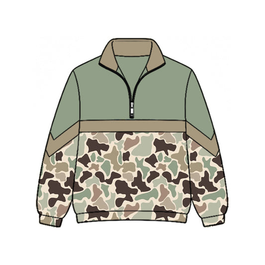 Preorder moq 5 Baby Girls Long Sleeve Green Brown Camo Zip Pullovers Top
